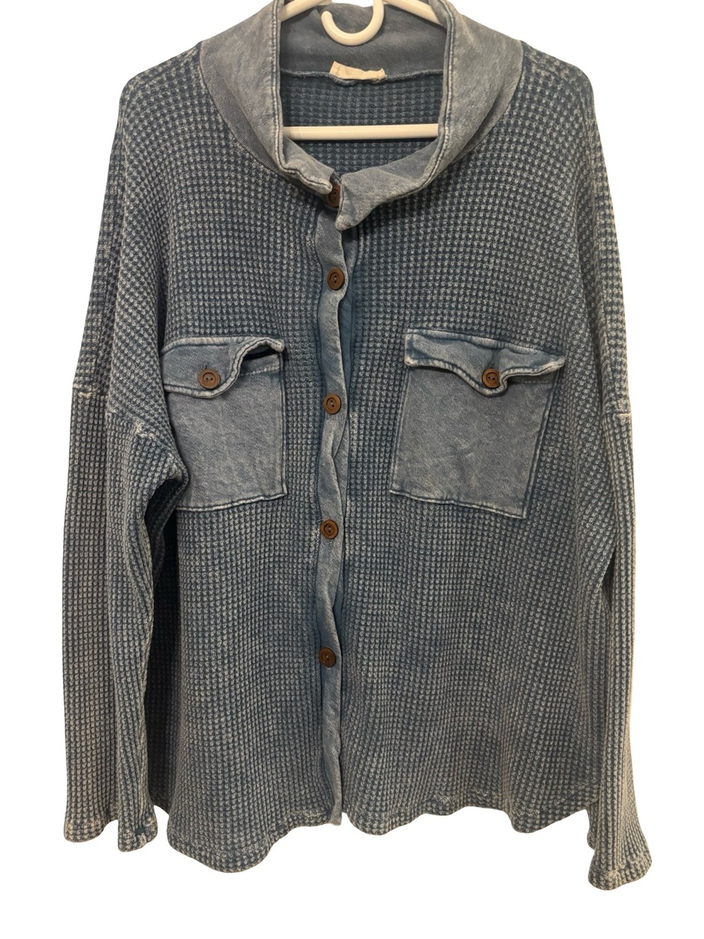 BUCKETLIST Washed Blue Waffle Knit Boho Coastal Casual Button Shacket Large - Picture 2 of 8